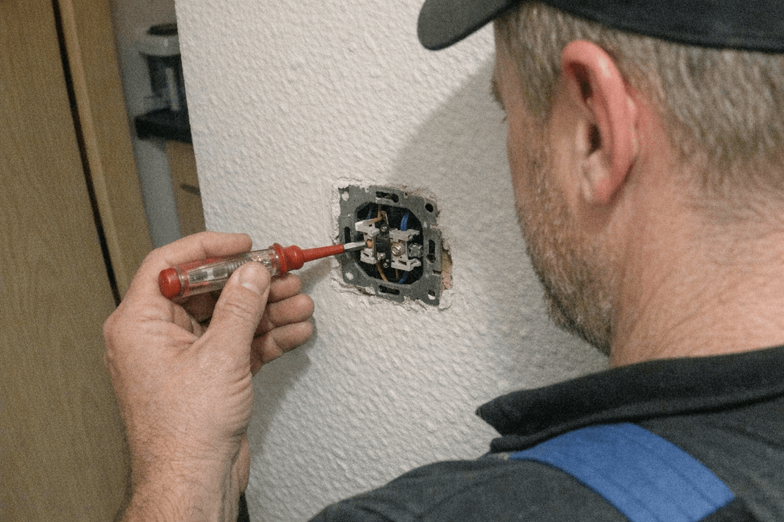 Elektroniker misst Spannung an einem Deckenanschluss