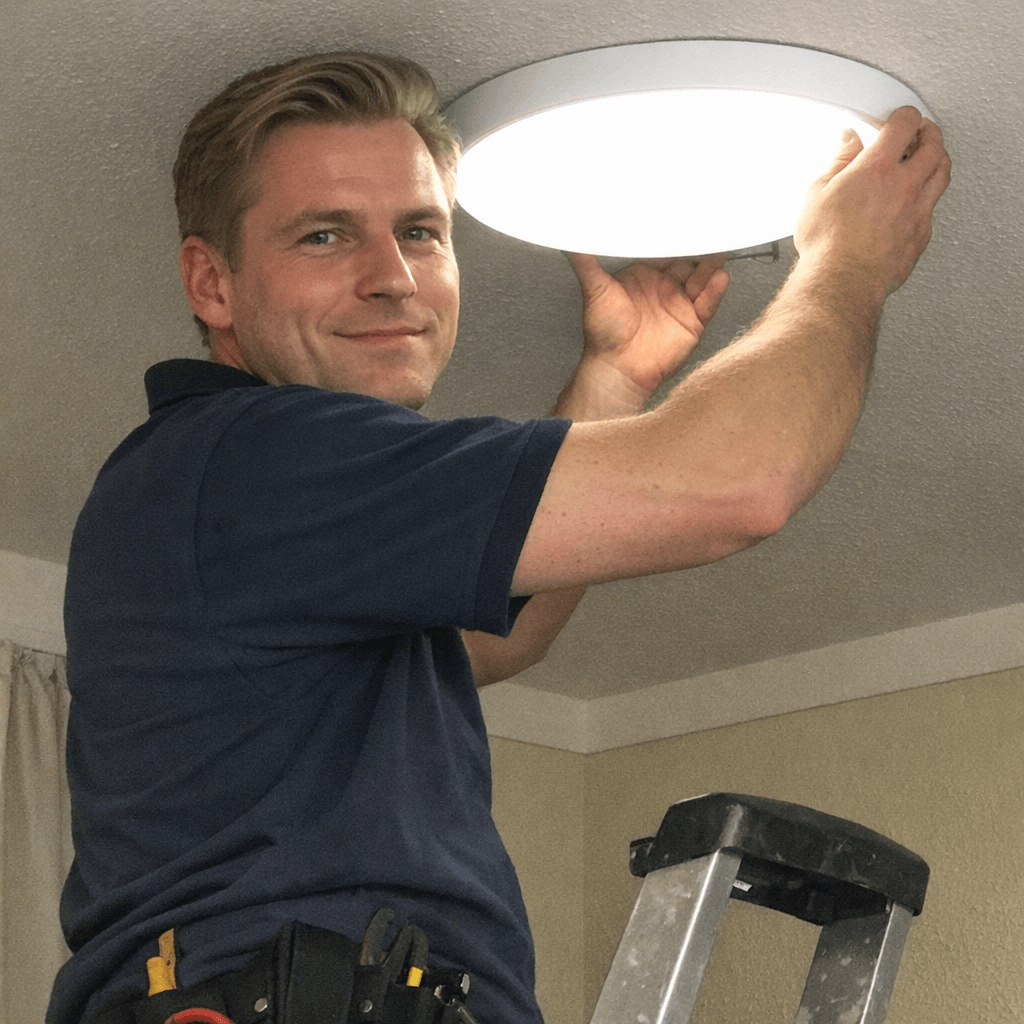 Fachkraft für Lampenmontage bei der Arbeit